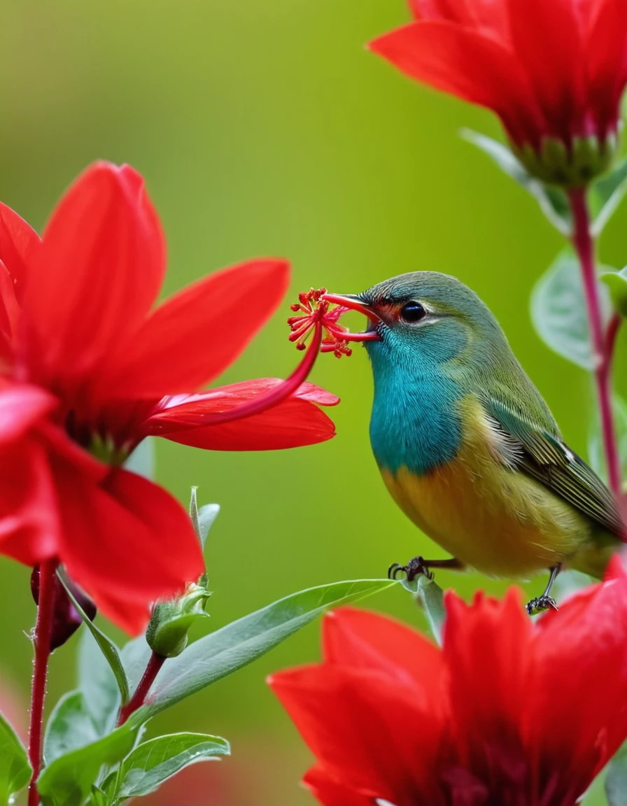 A beautiful little bird sucks the nectar of a red flower. The one in bloom is a beautiful, shiny sight. The real picture is sharp and clear, taken from a distance. A lot with the camera, clear at 6 K level.