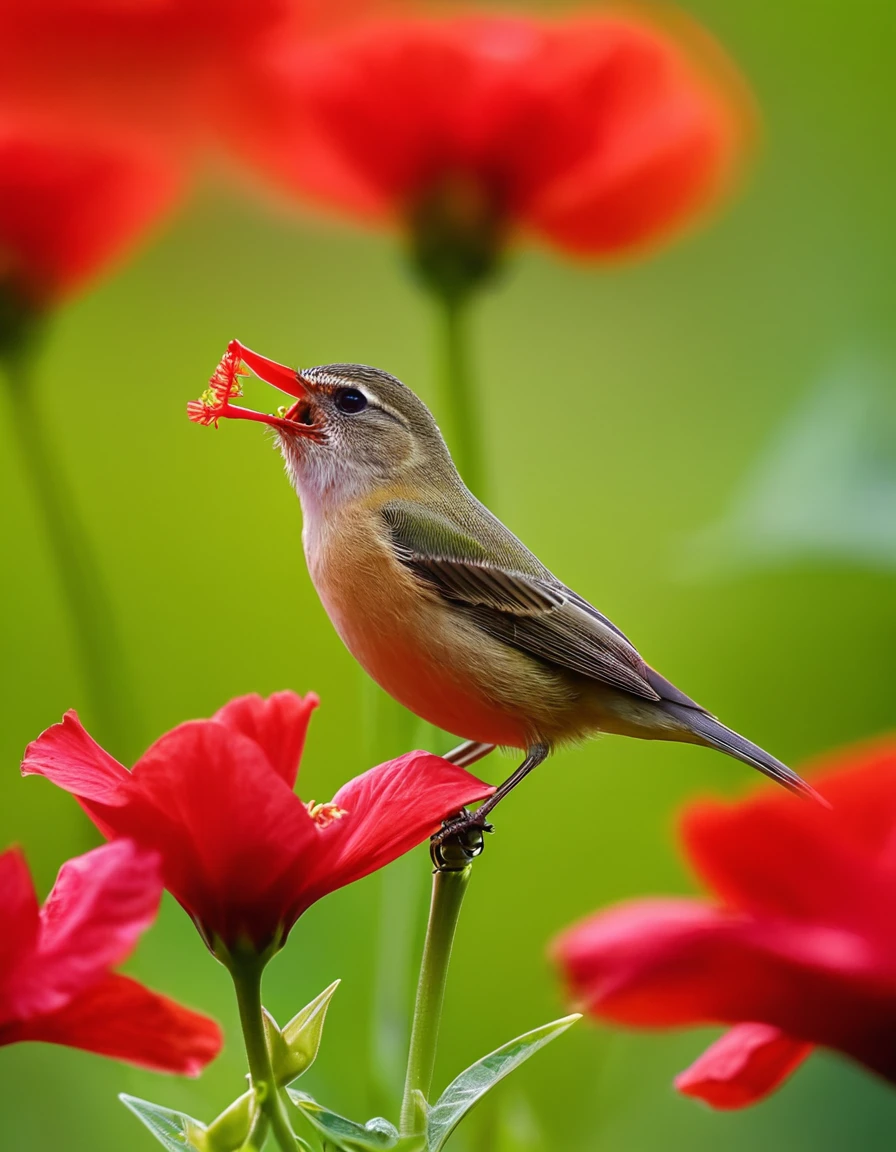 A beautiful little bird sucks the nectar of a red flower. The one in bloom is a beautiful, shiny sight. The real picture is sharp and clear, taken from a distance. A lot with the camera, clear at 6 K level.