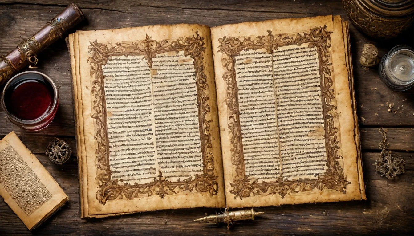 A medieval antique manuscript on an old wooden table, ink painting, antique paper