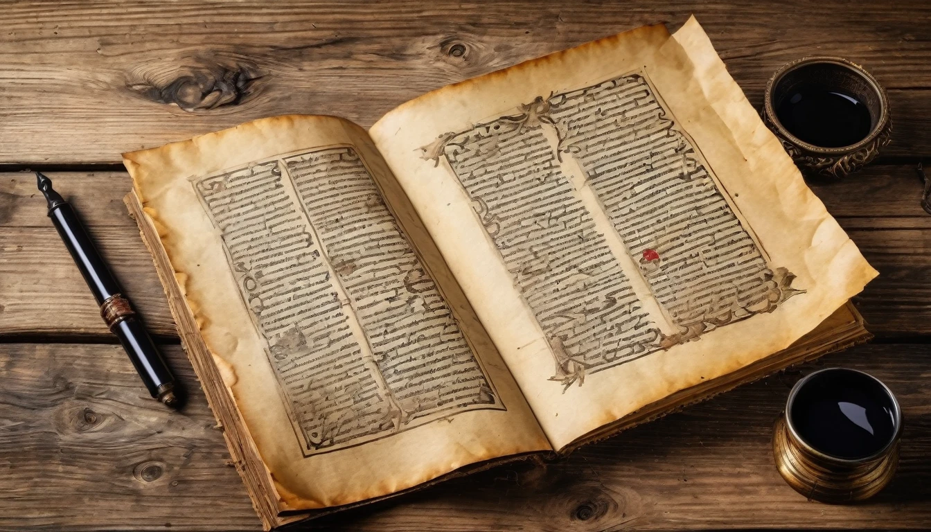 A medieval antique manuscript on an old wooden table, ink painting, antique paper