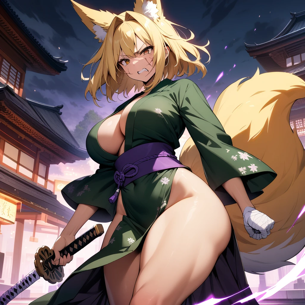 (masterpiece),(best quality),(ultra-detailed),(very aesthetic),nsfw,BREAK,solo,1girl,30 years old,curvy,large breasts,tall,stout build,(toned:0.7),bewitching,(fox tail),blonde fox ears,short hair,blonde hair,beautiful face,(brown eyes),(messy hair),disheveled hair,hair intakes,(fusion of dark green gradient flower print kimono and pelvic curtain:1.2),(loose chest:0.5),clenching teeth,furious,serious,sentimental emotion,incoming attack,assaulting,katana,slahing the katana down at high speed,The trajectory of the katana as it was swung down glows purple aura,tabi,bandaged hand,(japanese shrin,plaza),(scar on cheek,scar on breasts:1.2),cowboy shot