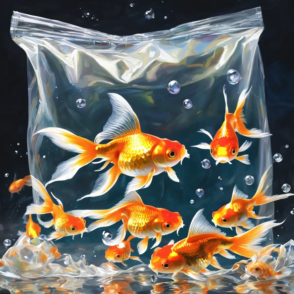 (masterpiece, best quality:1.2),Goldfish in a plastic bag。