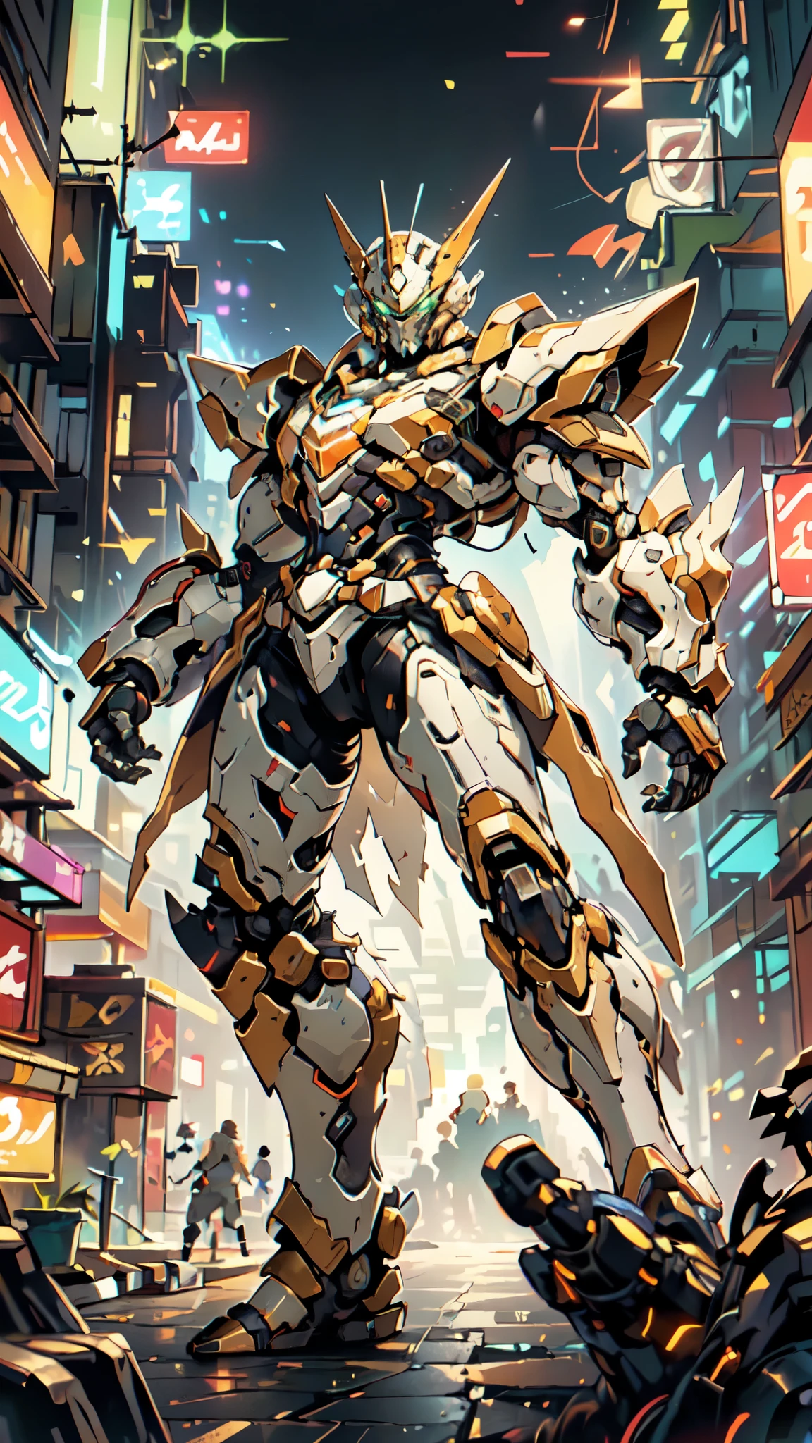 (masterpiece:1.5, best quality:1.5, extremely delicate:1.5, foreshortening:1.5, dynamic angle:1.5), a man wearing a full-face helmet, a fantasy-style biotech armored combat suit, green eyes, (a composite layered chest armor), fully enclosed shoulder guards, matching arm and leg guards, the belt is adorned with neon circuitry, (the color scheme is primarily white glow with red and blue accents), the design balances heavy with agility, a high-tech bio-mecha armor, (Armor Concept Inspired by neon Cyberpunk, stand on the top of a skyscraper in a futuristic sci-fi city), this character embodies a finely crafted fantasy-surreal style armored hero in anime style, exquisite and mature manga art style, (element, plasma, energy, the armor glows), ((male:1.5)), metallic, high definition, highres, ultra-detailed, ultra-fine painting, professional, perfect body proportions, golden ratio, anatomically correct, symmetrical face, extremely detailed eyes and face, high quality eyes, creativity, RAW photo, UHD, 32k, Natural light, cinematic lighting, masterpiece-anatomy-perfect