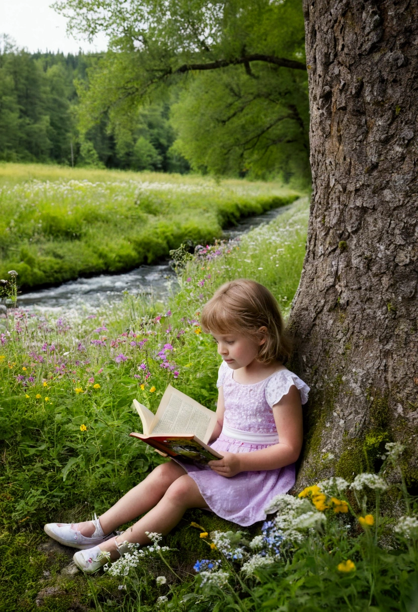 5 year old girl reading under a tree,stream, Stein, Wildflowers , forest.