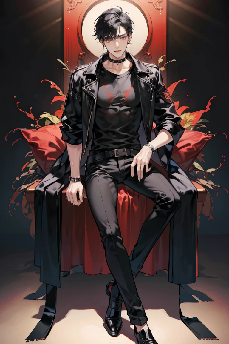 (masterpiece), best quality, seductive eyes, perfect face, handsome man, red eyes, short messy black hair, long nose, plain black t-shirt, black fitted pants, black leather jacket, full body, extremely tall man, long legs, long calves, anime cover, 1boy, ear piercings, hands in pockets, adult-like look, motorcycle