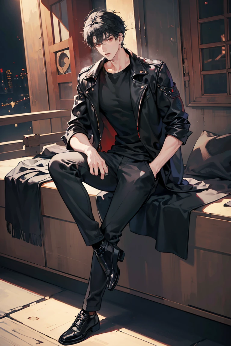 (masterpiece), best quality, seductive eyes, perfect face, handsome man, red eyes, short messy black hair, long nose, plain black t-shirt, black fitted pants, black leather jacket, full body, extremely tall man, long legs, long calves, anime cover, 1boy, ear piercings, hands in pockets, adult-like look, motorcycle