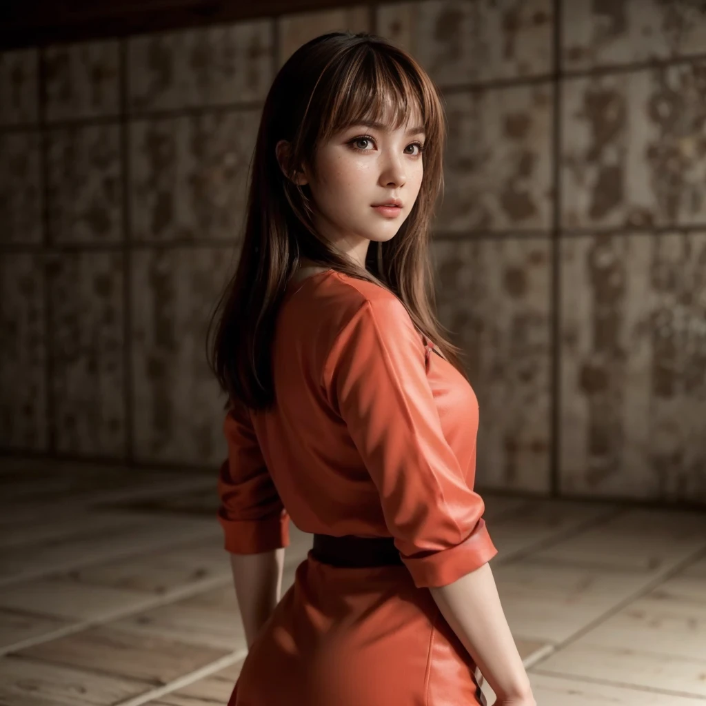 Kasumi, brown eyes, (best quality, ultra-detailed), (realistic:1.37), beautiful and detailed face, ultra-realistic texture, delicate face, delicate body, red lipstick, bright colors. High definition, 8K.