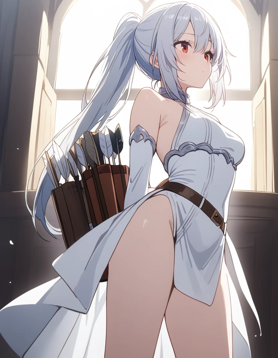 1 girl, shiny backlight, volumy long ponytail, silver hair, red eyes, middle breasts, her hair is fluttering down, white fantasic leotard outfit, white long loincloth,brown belts, long Quiver of Arrows behind back, open legs,open thighs, arched back, scerious,gazing, cowboy shot, masterpiece, best quality, general,arms behind back,