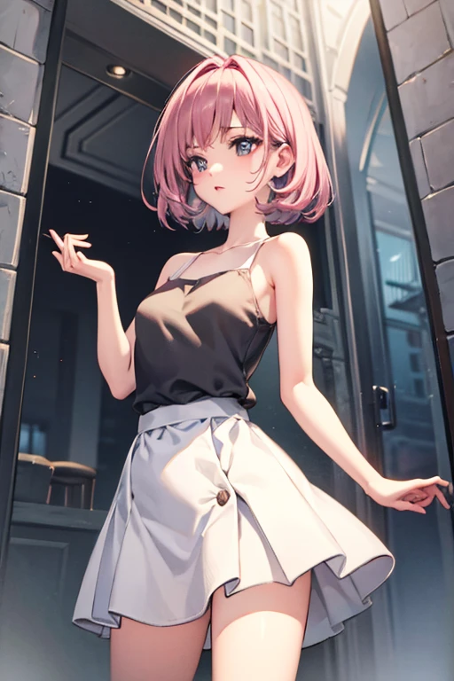 (((On a deadly hot summer day))),(((Summer Dresses, skirt))), skindentation, skinny, solo, 1 woman, Masterpiece, highest quality, highest quality, 16K, incredibly absurd, highly detailed, 2.5D, ai-generated, delicate and dynamic, very delicate facial expressions, delicate eye depiction, erotic, only sexy woman, ((A cute and kind face)), healthy figure, ((25-year-old woman)), 160cm tall, medium firm swaying bust, (short hair), (pink hair:1.5), bob cut, black eye, blush, Sweat,Embarrassed,sexy, ((thin thighs)), (camel toe:0.7), (visible nipples:0.3), (Erect nipples,:0.7), shiny and lustrous, facing straight at viewer, (((in heat))), ((Oily_skin)), ((dutch angle)), ((erotic pose)),((Sweating a lot)),