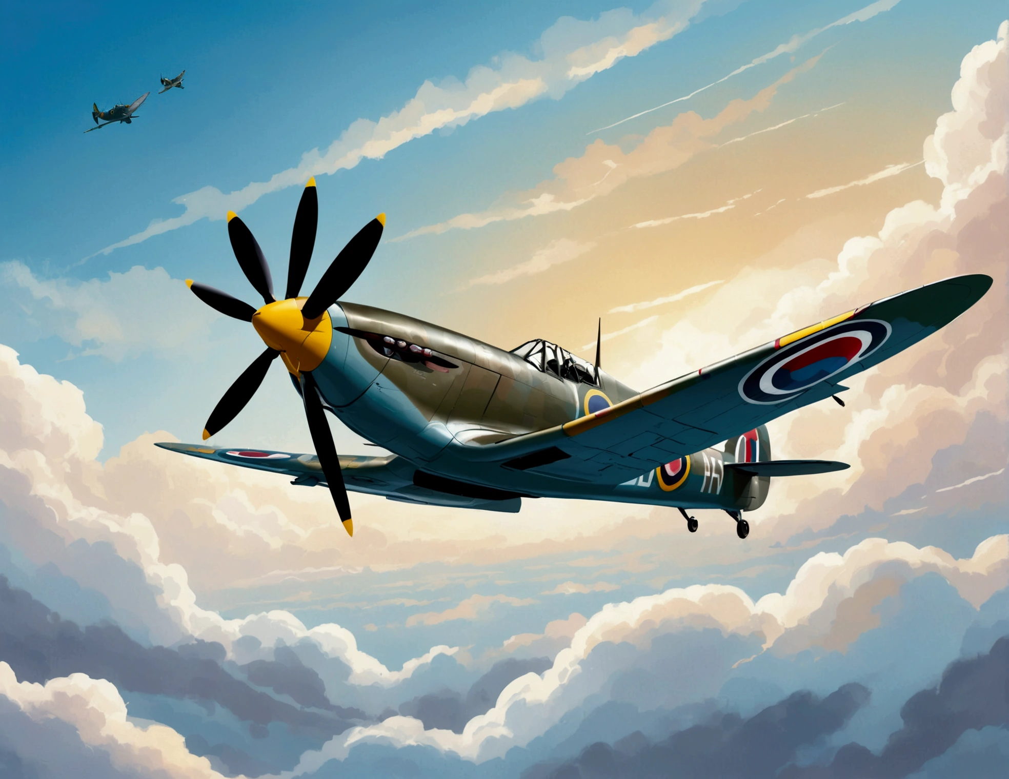 world war 2 spitfire aircraft flying on the sky, the background is fading out sky to the edges, leonardo illustration, vector style , (lora: leonardo-illustration:1)