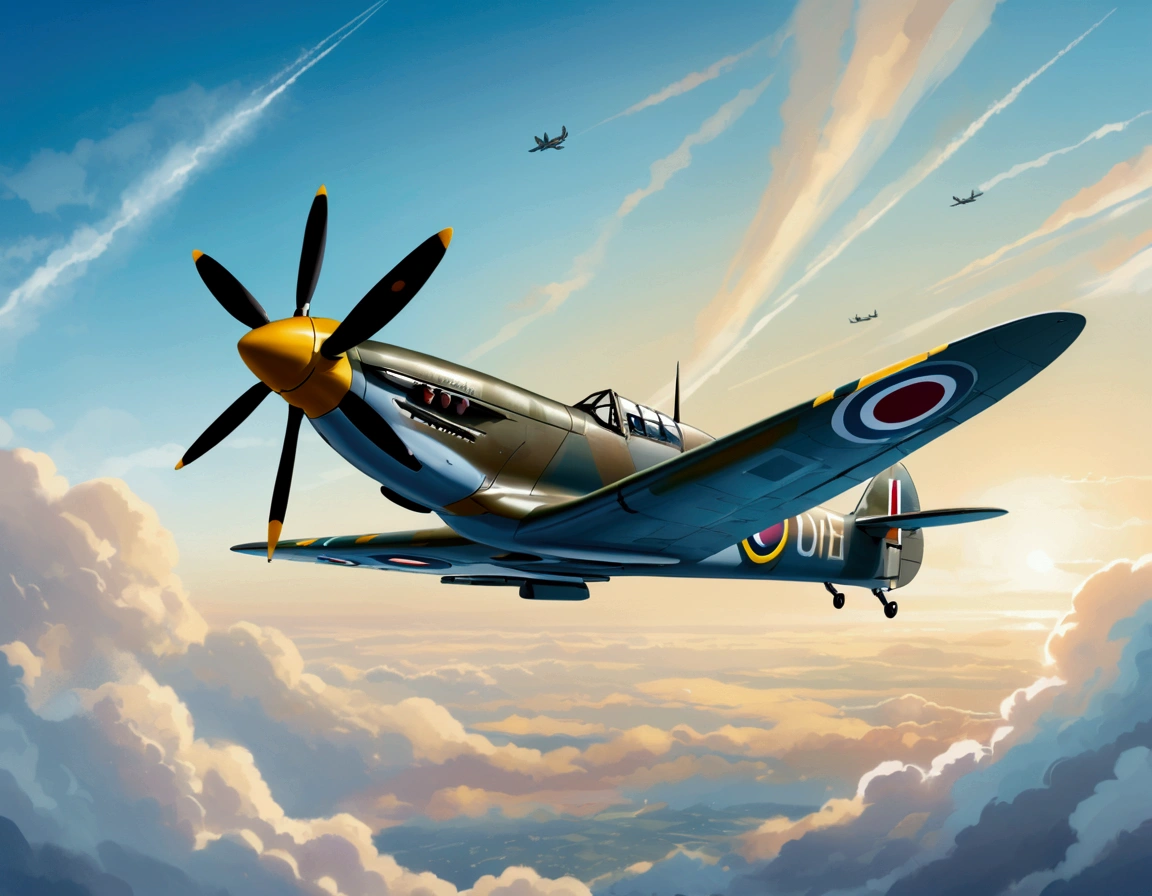 world war 2 spitfire aircraft flying  on the sky, the background is fading out sky to the edges,  leonardo illustration, vector style , (lora: leonardo-illustration:1)