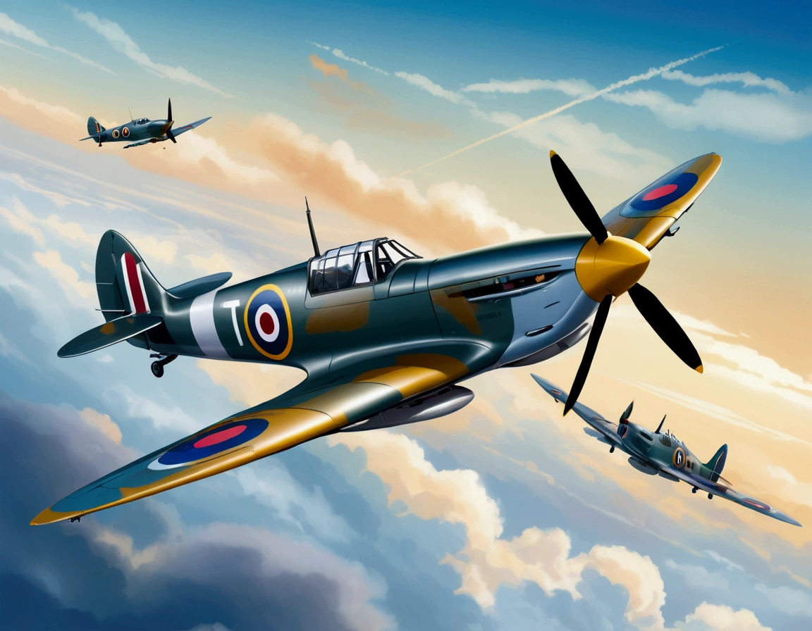world war 2 spitfire aircraft flying  on the sky, the background is fading out sky to the edges,  leonardo illustration, vector style , (lora: leonardo-illustration:1)