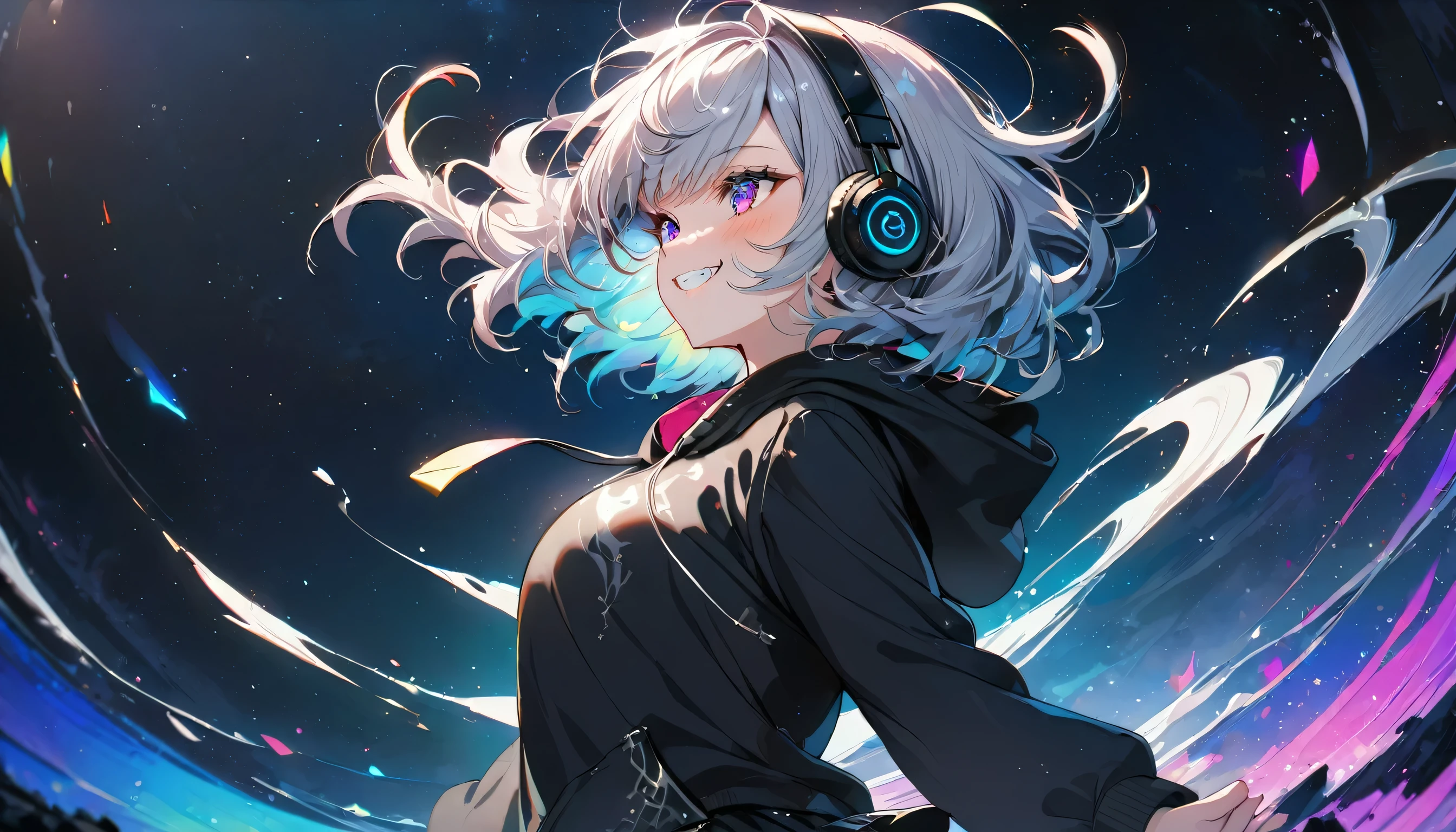 ((Masterpiece)), ((best quality)), (Anime:1.3), (super detail:1.2), (High Definition:1.3), (Professional Photography:1.3), A cute young Girl, Glossy unruly hair, (loose swept bangs), (silver ash hair), medium hair, big eyes, (Eye bags:1.3), (Long eyelashes), colorful eyes, (evil smile and blush), Glossy lips, (jagged teeth), farewell, ((black hoodie with oversized)), barearms, cute, (colorful:1.3), gothic makeup, (wearing headphone), black mini skirt, wind, beautiful, dancing, pretty, Celtic, maniac, upper body, starry night, (dutch angle:1.3), (from side:1.3),