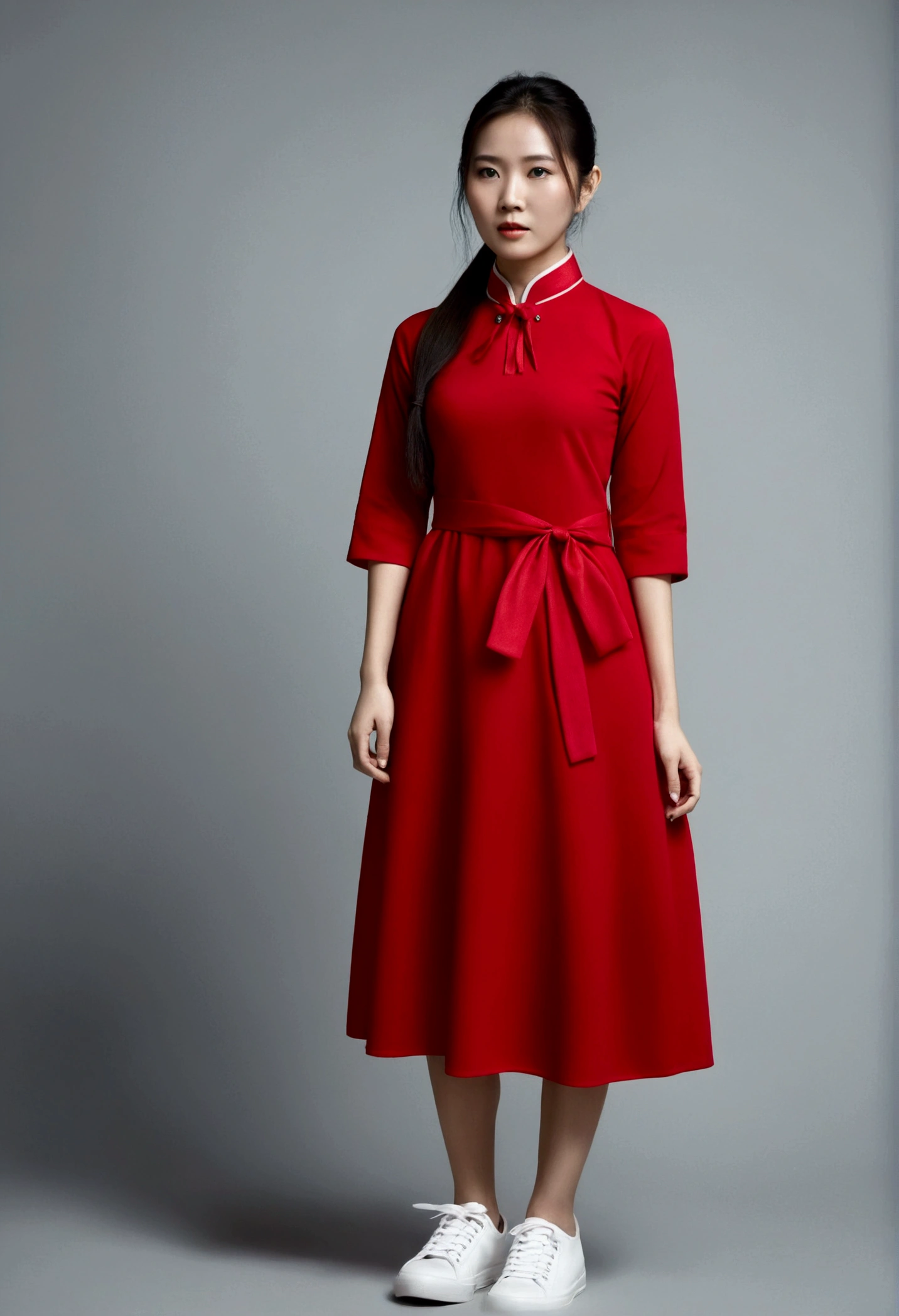 Asian woman with long hair,Ponytail, Wear a red dress, Collared dress, There are buttons., Three quarter sleeves, white sneakers, There is a red cloth tied around the waist.