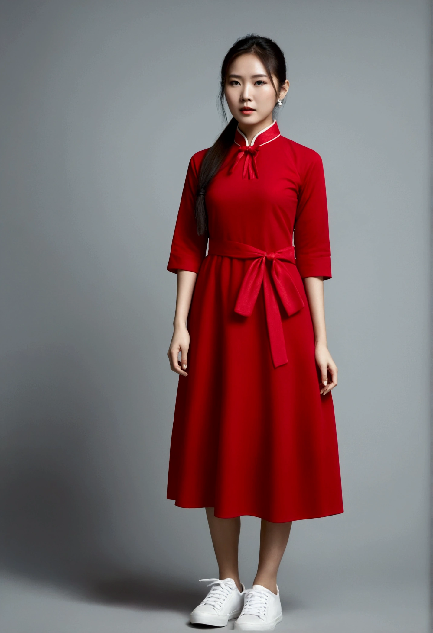 Asian woman with long hair,Ponytail, Wear a red dress, Collared dress, There are buttons., Three quarter sleeves, white sneakers, There is a red cloth tied around the waist.