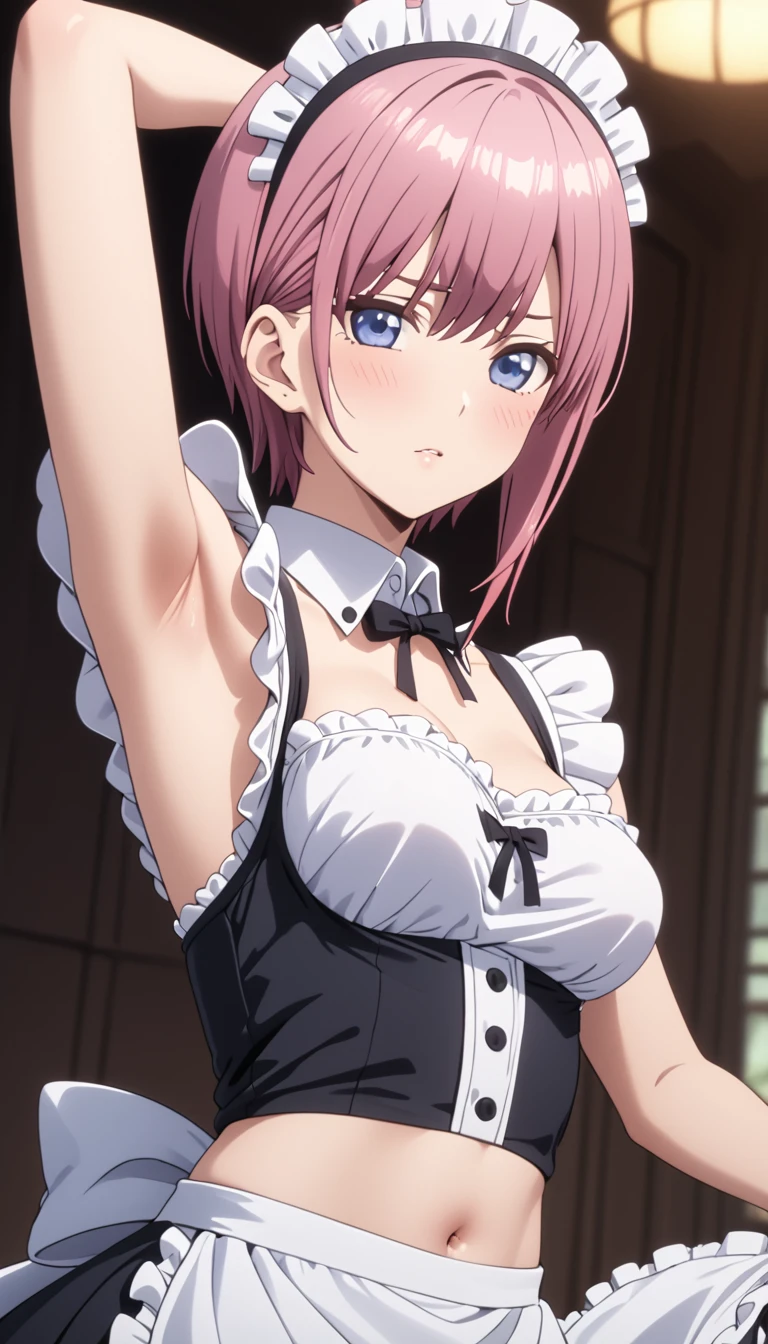 (Highest quality、Masterpiece、Very detailed、4K)、One Woman、************、Pink Hair、short hair、(((Nakano Ichika)))、(chest、arm、Beautiful armpits、Beautiful navel)、((Maid clothes))