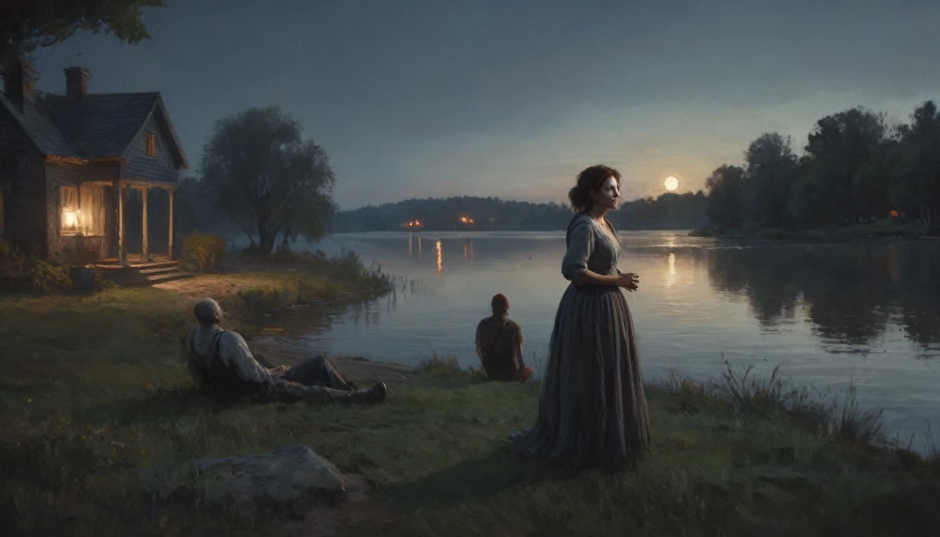 (best quality,4k,8k,highres,masterpiece:1.2),ultra-detailed,(realistic, photorealistic,photo-realistic:1.37), ((Horrow, scary scene, night: 1.5)), (Lakeside, woman, expressionless.)
