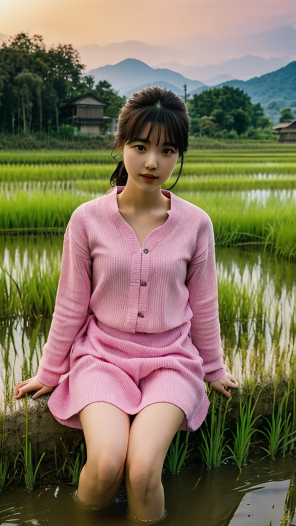 Beautiful young Japanese woman wearing a pink shirt wearing sexy white shorts
place in the rice fields