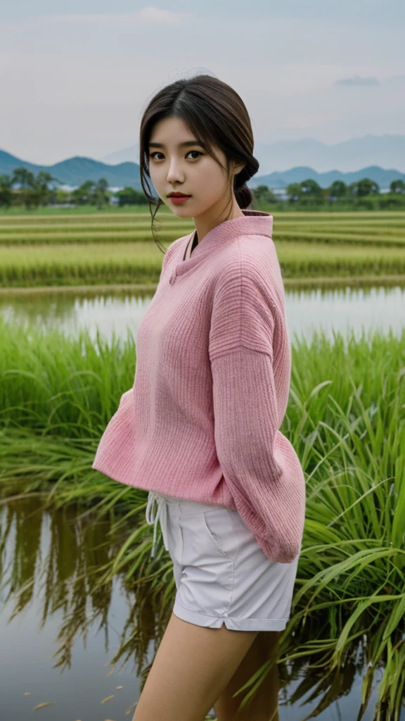 Beautiful young 17 year old Japanese woman wearing a pink shirt wearing sexy white shorts
place in the rice fields