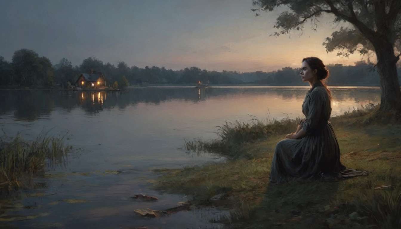 (best quality,4k,8k,highres,masterpiece:1.2),ultra-detailed,(realistic, photorealistic,photo-realistic:1.37), ((Horrow, scary scene, night: 1.5)), (Lakeside, woman, expressionless.)