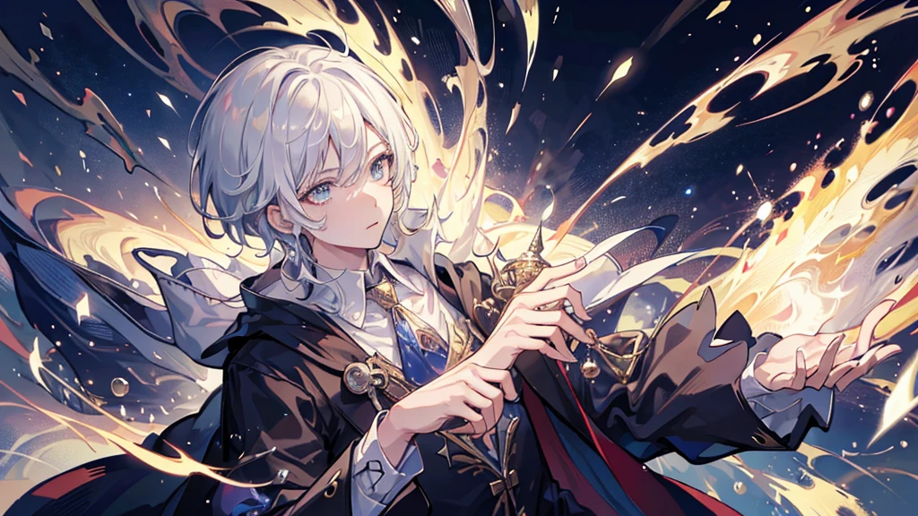 masterpiece, (Absurd, High resolution, Super detailed), 1 person, Handsome, Wizard, magician, magical academy in the background, magic, short hair