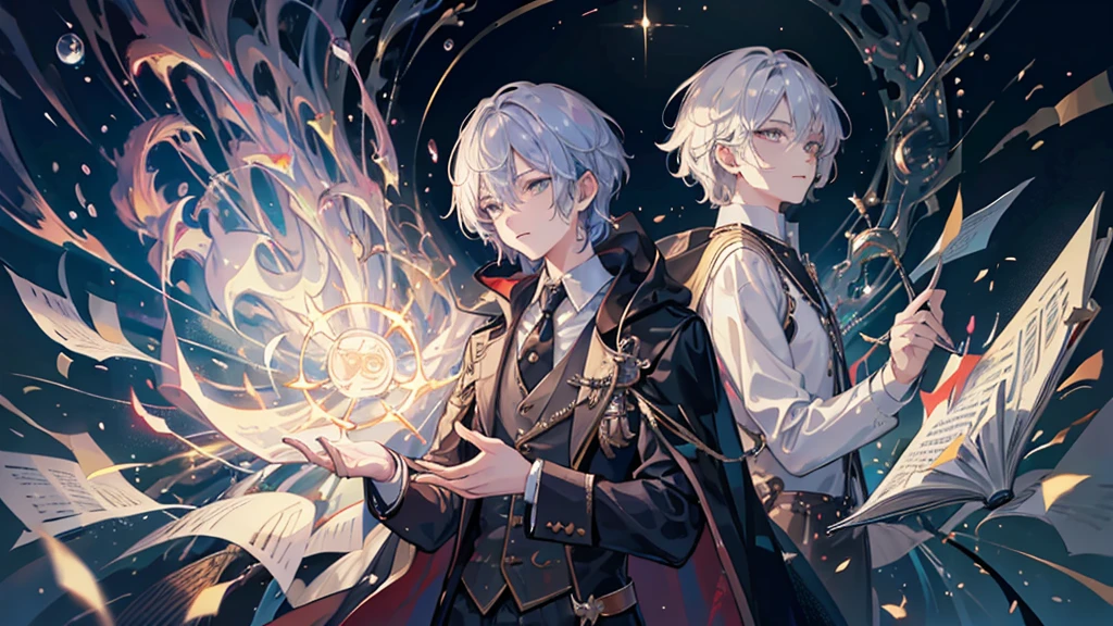 masterpiece, (Absurd, High resolution, Super detailed), 1 person, Handsome, Wizard, magician, magical academy in the background, magic, short hair