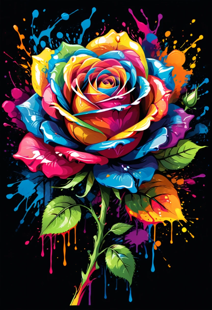 A t-shirt with vector art of a colorful rose illustration, At the center, swirly vibrant colors, paint splashes and smears, high détail,black backdrop
(work of art, best qualityer, proffesional, perfect composition, very aesthetic, absurdrez, super verbose, details Intricate:1.3)