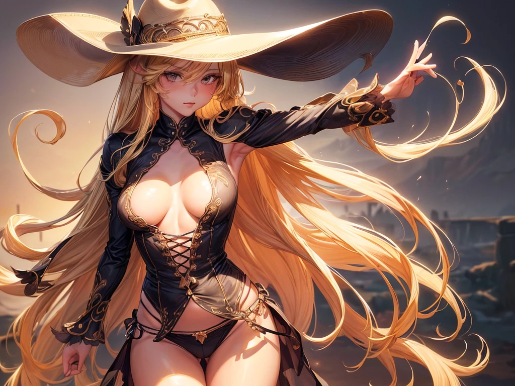 (depcit young girl), (((elegant cowgirl))), sexy, blond hair, long hair, straight hair, cowby hat, wearing cowboy clothes, (open legs, spread legs, brown eyes, thin , small breasts, nice hips, open shoulders, (((sassy))), (Masterpiece, Excellent, complex details), delicate girl, delicate face, back arched, pretty, sunny desert