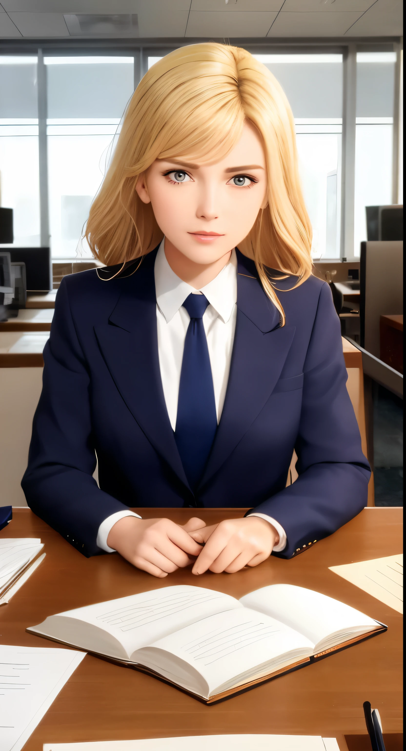 /draw blond woman sitting at desk talking on telephone with computer monitor, 1 9 8 0 s business fashion, business woman, 1 9 8 0 s woman, woman in business suit, young business woman, denis velleneuve, female in office dress, sat at her desk, female lawyer, wearing a strict business suit, serious business, working hard, portrait of kim wexler