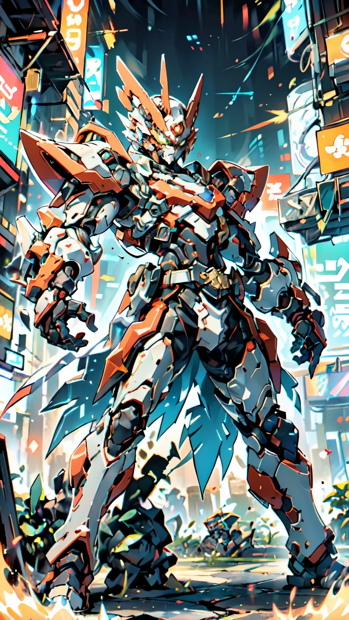 (masterpiece:1.5, best quality:1.5, extremely delicate:1.5, foreshortening:1.5, dynamic angle:1.5), a man wearing a full-face helmet, a fantasy-style biotech armored combat suit, green eyes, (a composite layered chest armor), fully enclosed shoulder guards, matching arm and leg guards, the belt is adorned with neon circuitry, (the color scheme is primarily white glow with red and blue accents), the design balances heavy with agility, a high-tech bio-mecha armor, (Armor Concept Inspired by neon Cyberpunk, stand on the top of a skyscraper in a futuristic sci-fi city), this character embodies a finely crafted fantasy-surreal style armored hero in anime style, exquisite and mature manga art style, (element, plasma, energy, the armor glows), ((male:1.5)), metallic, high definition, highres, ultra-detailed, ultra-fine painting, professional, perfect body proportions, golden ratio, anatomically correct, symmetrical face, extremely detailed eyes and face, high quality eyes, creativity, RAW photo, UHD, 32k, Natural light, cinematic lighting, masterpiece-anatomy-perfect