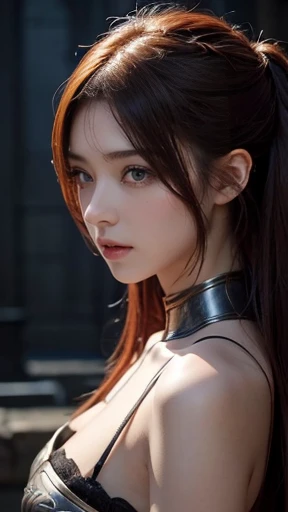 masterpiece，The best quality at its best，High resolution，8K，((Portraiture))，(Head close-up)，Original photo，Actual photo，Digital photography，(Medieval fantasy female adventurer)，(Fantasy World Fighter)，18-year-old girl，(Black and red hair gradation)，gray random hairstyle，Red eyes，(白とgrayのグラデーションショートヘア，gray)，(Big Breasts)，Lavish décor，Lips parted，Make your lips look more attractive and glamorous，((shy))，serious and arrogant，calm and handsome，(Medieval Fantasy Battle Suit，joint armor，Lightweight Leather Protection，Beautiful magic badge，Delicate pattern)，Bare shoulders，((Slim figure))，Photo pose，medieval character medieval fantasy style，Night city background，oc rendering reflection texture