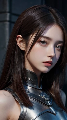 masterpiece,The best quality at its best,High resolution,8K,((Portraiture)),(Head close-up),Original photo,Actual photo,Digital photography,(Medieval fantasy female adventurer),(Fantasy World Fighter),18-year-old girl,(Black and red hair gradation),gray random hairstyle,Red eyes,(白とgrayのグラデーションショートヘア,gray),(Big Breasts),Lavish décor,Lips parted,Make your lips look more attractive and glamorous,((shy)),serious and arrogant,calm and handsome,(Medieval Fantasy Battle Suit,joint armor,Lightweight Leather Protection,Beautiful magic badge,Delicate pattern),Bare shoulders,((Slim figure)),Photo pose,medieval character medieval fantasy style,Night city background,oc rendering reflection texture
