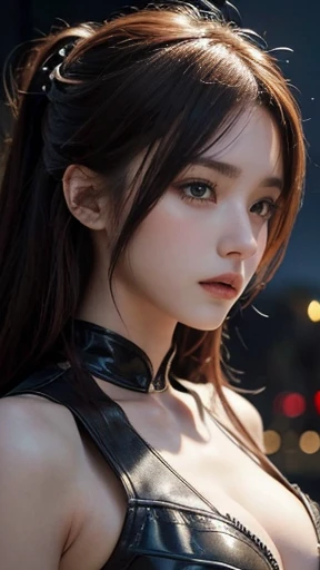 masterpiece,The best quality at its best,High resolution,8K,((Portraiture)),(Head close-up),Original photo,Actual photo,Digital photography,(Medieval fantasy female adventurer),(Fantasy World Fighter),18-year-old girl,(Black and red hair gradation),gray random hairstyle,Red eyes,(白とgrayのグラデーションショートヘア,gray),(Big Breasts),Lavish décor,Lips parted,Make your lips look more attractive and glamorous,((shy)),serious and arrogant,calm and handsome,(Medieval Fantasy Battle Suit,joint armor,Lightweight Leather Protection,Beautiful magic badge,Delicate pattern),Bare shoulders,((Slim figure)),Photo pose,medieval character medieval fantasy style,Night city background,oc rendering reflection texture