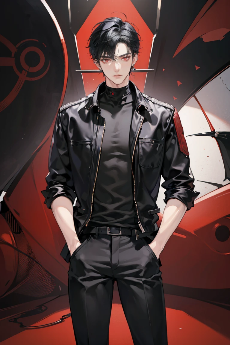 (masterpiece), best quality, seductive eyes, perfect face, handsome man, red eyes, short messy black hair, long nose, plain black t-shirt, black fitted pants, black leather jacket, full body, extremely tall man, long legs, long calves, anime cover, 1boy, ear piercings, hands in pockets, adult-like look, motorcycle
