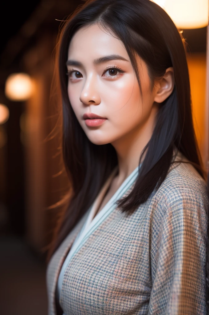 Surrealism, High detail, Cinema Lighting, Ray Tracing, viewing angle, Eye-level shot, Hyper HD, masterpiece, Textured skin, 4K, Highest quality, Beautiful woman in kimono, Downtown Kyoto, Japan,