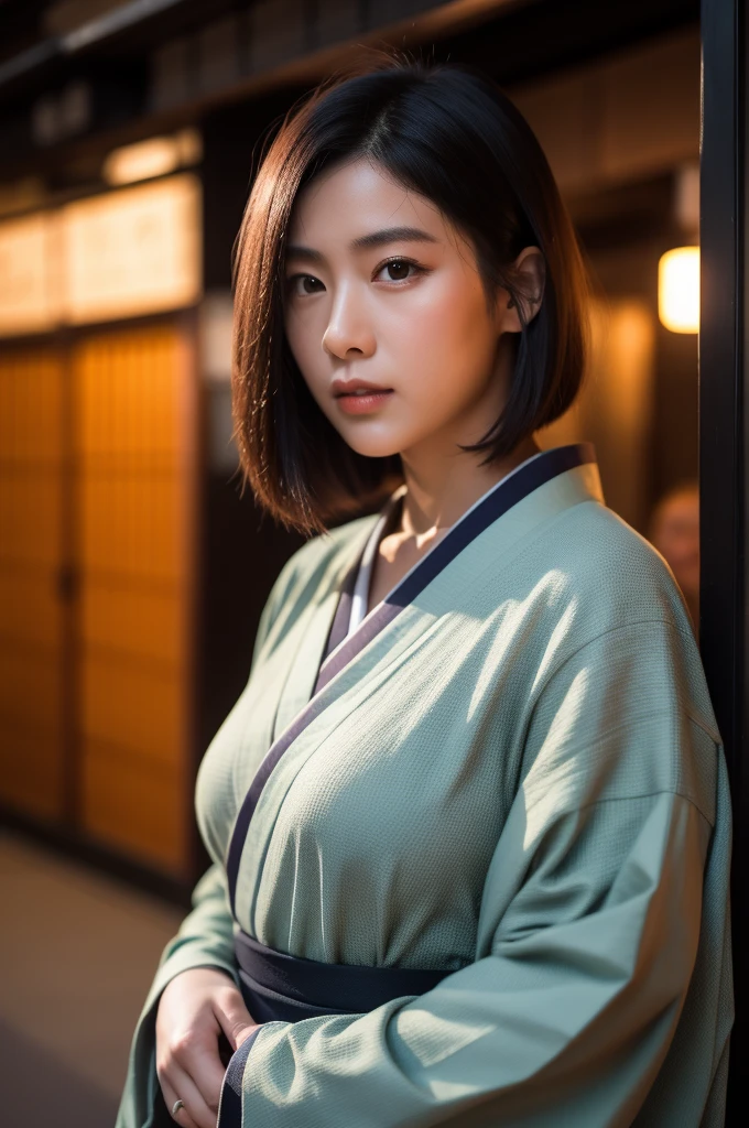 Surrealism, High detail, Cinema Lighting, Ray Tracing, viewing angle, Eye-level shot, Hyper HD, masterpiece, Textured skin, 4K, Highest quality, Beautiful woman in kimono, Downtown Kyoto, Japan,