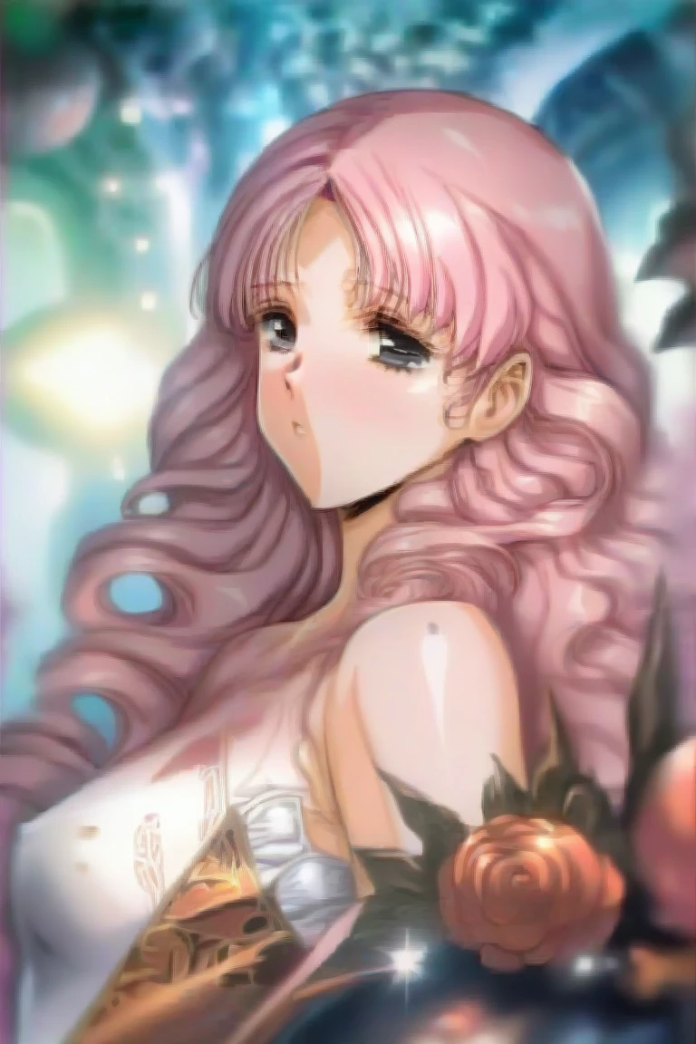 Artistic anime illustration focusing on a girl's arm adorned with a glowing, neon floral tattoo. The tattoo is a mix of blue and pink flowers and leaves, emitting a soft light. The girl has long, flowing hair and is dressed in a white, off-shoulder outfit. The scene has a dreamy, soft focus effect, emphasizing the ethereal glow of the tattoo.