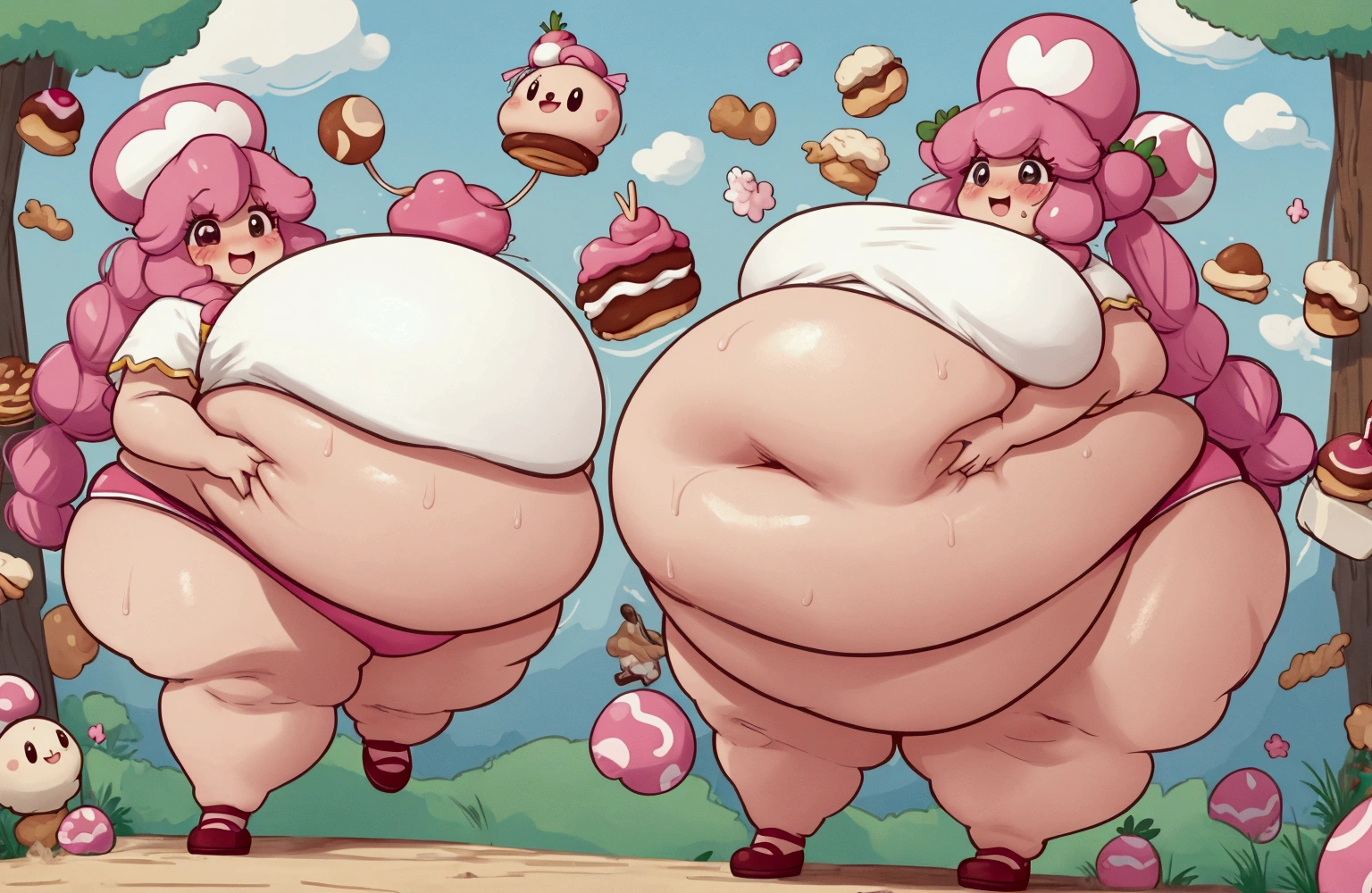 best quality, (kawaii:1.1), (cute), (high resolution:1.2), incredibly fine illustration BREAK 1girl, milf, bimbo, toadette, stuffed, obese, blob, gigantic belly, wide hips, busty, sweating, blushing, happy, cream, pastries, castle