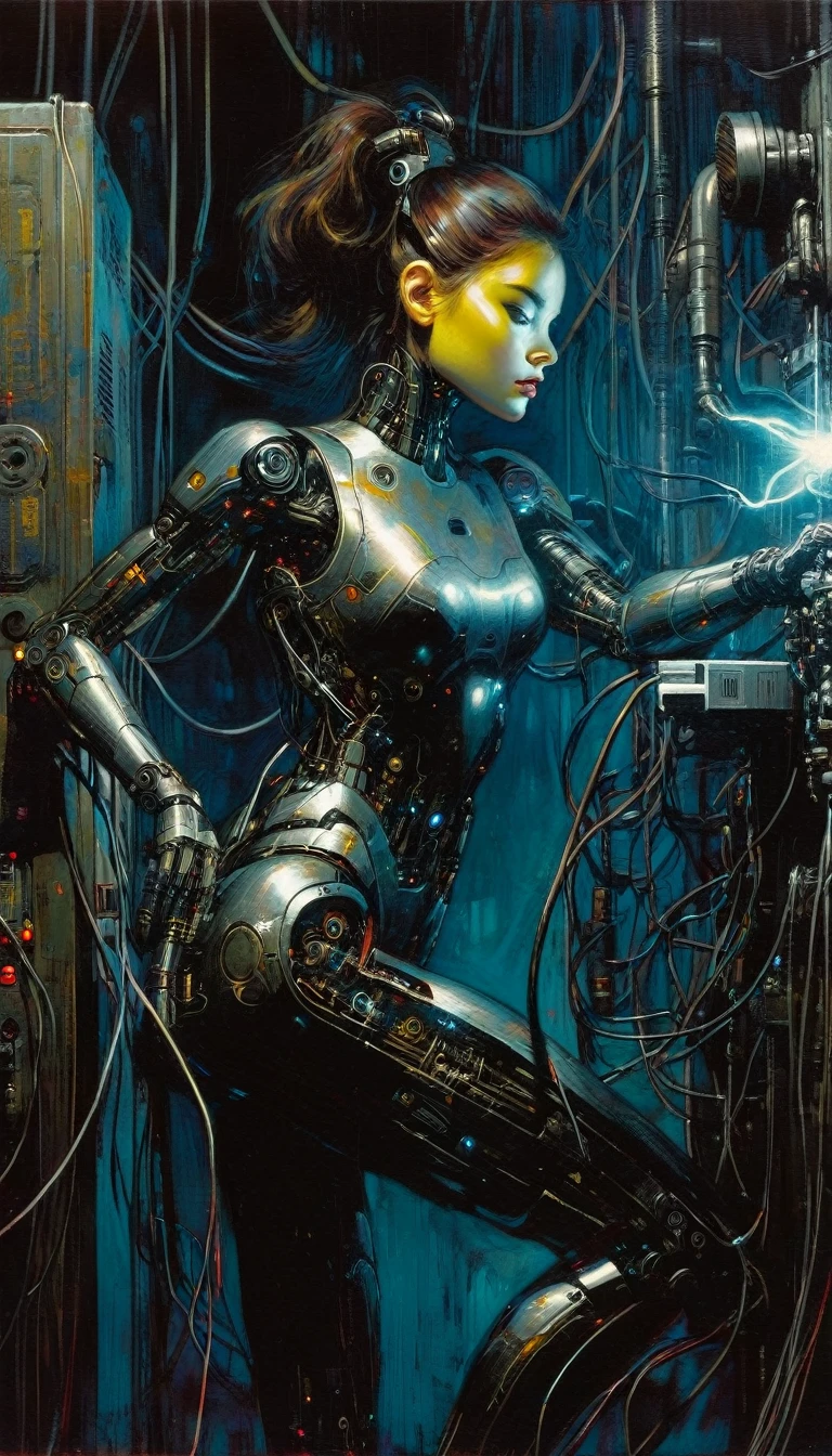 cyborg girl, charging, plugged into machinery, dark scene,(art inspired by Bill Sienkiewicz, intricate details, oil painted )