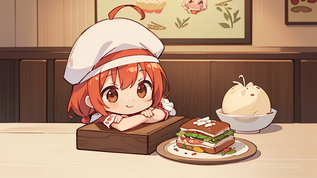(((masutepiece))), Best Quality, Extremely detailed, (Chef Costume:1.2), (Chef's Hat), (((girl)), (((Solo))), Happy, ((Half body)), Ahoge, (((Deformed))), (((Chibi Character))), ((( Restaurant))),, ((crossed arms))), (((cooking)), ((many food)), (( food on table)), ((girl stand behind table))