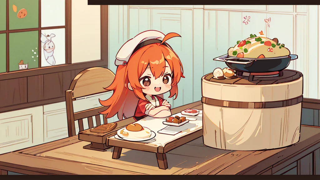 (((masutepiece))), Best Quality, Extremely detailed, (Chef Costume:1.2), (Chef's Hat), (((girl)), (((Solo))), Happy, ((Half body)), Ahoge, (((Deformed))), (((Chibi Character))), ((( Restaurant))),, ((crossed arms))), (((cooking)), ((many food)), (( food on table)), ((girl stand behind table))