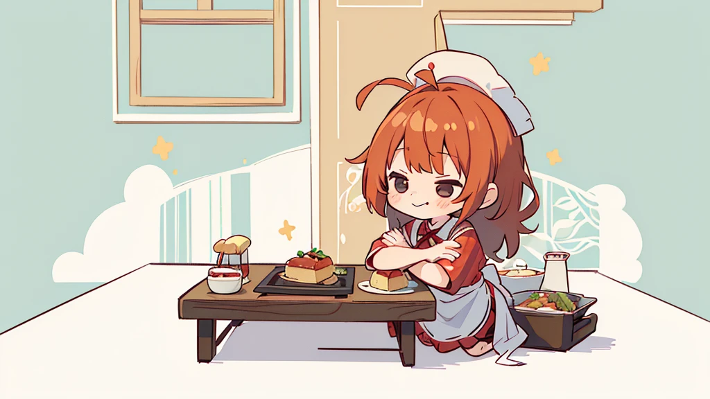 (((masutepiece))), Best Quality, Extremely detailed, (Chef Costume:1.2), (Chef's Hat), (((girl)), (((Solo))), Happy, ((Half body)), Ahoge, (((Deformed))), (((Chibi Character))), ((( Restaurant))),, ((crossed arms))), (((cooking)), ((many food)), (( food on table)), ((girl stand behind table))