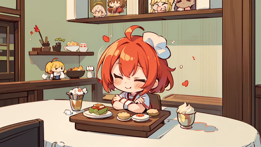 (((masutepiece))), Best Quality, Extremely detailed, (Chef Costume:1.2), (Chef's Hat), (((girl)), (((Solo))), Happy, ((Half body)), Ahoge, (((Deformed))), (((Chibi Character))), ((( Restaurant))),, ((crossed arms))), (((cooking)), ((many food)), (( food on table)), ((girl stand behind table))