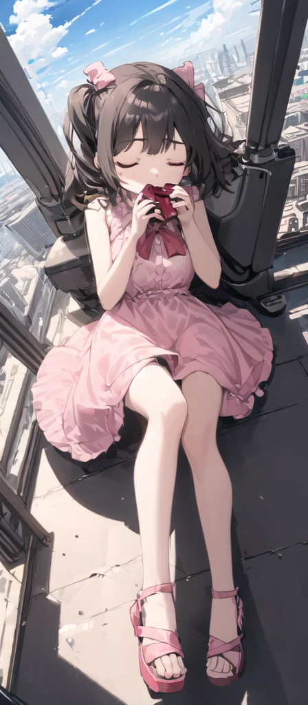 (masterpiece, best quality),from above , 1little deadgirl,lying on the ground,eyes closed,unresponsive, Red liquid coming out of her mouth and body,solo,  brown eyes, black hair, city, cloudy sky, pink sleeveless short dress,pink bow on her dress,pink sandal, \(machine\), dutch angle,