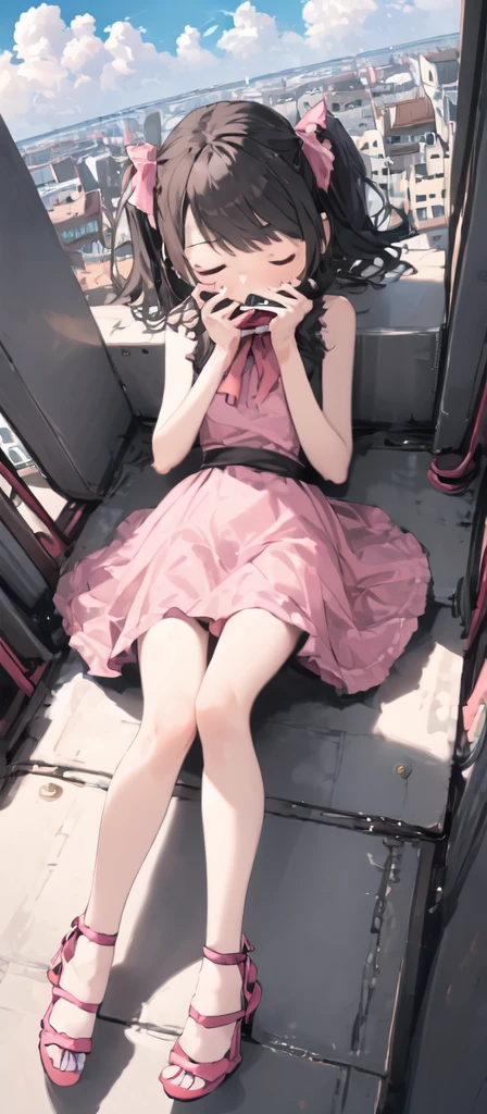 (masterpiece, best quality),from above , 1little deadgirl,lying on the ground,eyes closed,unresponsive, Red liquid coming out of her mouth and body,solo, brown eyes, black hair, city, cloudy sky, pink sleeveless short dress,pink bow on her dress,pink sandal, \(machine\), dutch angle,