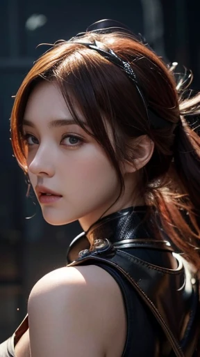 masterpiece，The best quality at its best，High resolution，8K，((Portraiture))，(Head close-up)，Original photo，Actual photo，Digital photography，(Medieval fantasy female adventurer)，(Fantasy World Fighter)，18-year-old girl，(Black and red hair gradation)，gray random hairstyle，Red eyes，(白とgrayのグラデーションショートヘア，gray)，(Big Breasts)，Lavish décor，Lips parted，Make your lips look more attractive and glamorous，((shy))，serious and arrogant，calm and handsome，(Medieval Fantasy Battle Suit，joint armor，Lightweight Leather Protection，Beautiful magic badge，Delicate pattern)，Bare shoulders，((Slim figure))，Photo pose，medieval character medieval fantasy style，Night city background，oc rendering reflection texture,