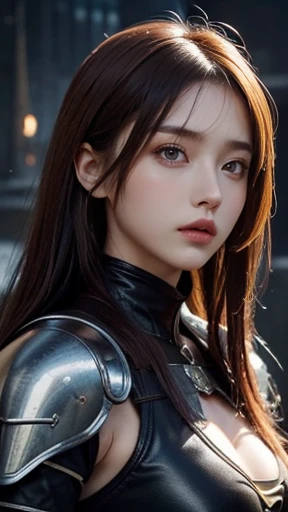 masterpiece，The best quality at its best，High resolution，8K，((Portraiture))，(Head close-up)，Original photo，Actual photo，Digital photography，(Medieval fantasy female adventurer)，(Fantasy World Fighter)，18-year-old girl，(Black and red hair gradation)，gray random hairstyle，Red eyes，(白とgrayのグラデーションショートヘア，gray)，(Big Breasts)，Lavish décor，Lips parted，Make your lips look more attractive and glamorous，((shy))，serious and arrogant，calm and handsome，(Medieval Fantasy Battle Suit，joint armor，Lightweight Leather Protection，Beautiful magic badge，Delicate pattern)，Bare shoulders，((Slim figure))，Photo pose，medieval character medieval fantasy style，Night city background，oc rendering reflection texture,