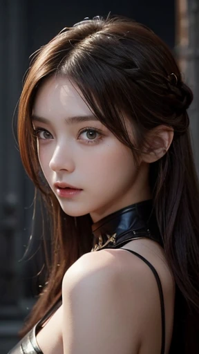 masterpiece，The best quality at its best，High resolution，8K，((Portraiture))，(Head close-up)，Original photo，Actual photo，Digital photography，(Medieval fantasy female adventurer)，(Fantasy World Fighter)，18-year-old girl，(Black and red hair gradation)，gray random hairstyle，Red eyes，(白とgrayのグラデーションショートヘア，gray)，(Big Breasts)，Lavish décor，Lips parted，Make your lips look more attractive and glamorous，((shy))，serious and arrogant，calm and handsome，(Medieval Fantasy Battle Suit，joint armor，Lightweight Leather Protection，Beautiful magic badge，Delicate pattern)，Bare shoulders，((Slim figure))，Photo pose，medieval character medieval fantasy style，Night city background，oc rendering reflection texture,