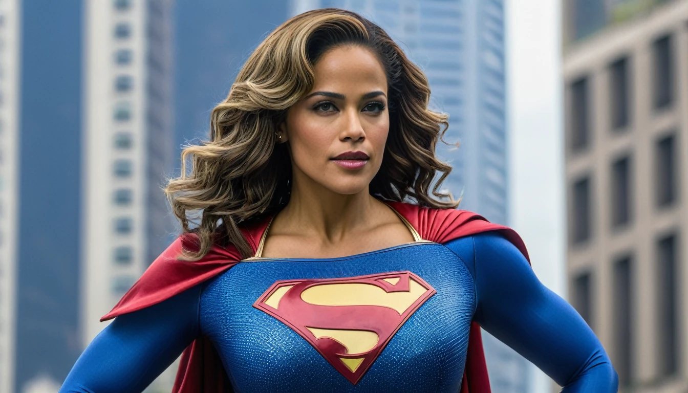 Rio de Janeiro City; super breasts; Paula Patton Supergirl 1980s DC movie costume; HD. Photograph, ((realism)), extremely high quality RAW photograph, ultra detailed photograph, sharp focus, high resolution, (detailed skin:1,3),high quality, film grain, Fujifilm XT3,Highly Detailed, movie, (Cinematic Photo:1.3) of (Realistic:1.3).