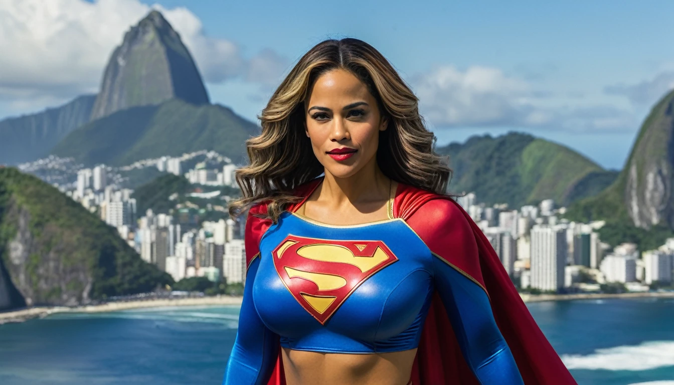 Rio de Janeiro City; super breasts; Paula Patton Supergirl 1980s DC movie costume; HD. Photograph, ((realism)), extremely high quality RAW photograph, ultra detailed photograph, sharp focus, high resolution, (detailed skin:1,3),high quality, film grain, Fujifilm XT3,Highly Detailed, movie, (Cinematic Photo:1.3) of (Realistic:1.3).